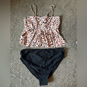 SHEIN Pink Leopard Peplum Tankini with Black Bottoms